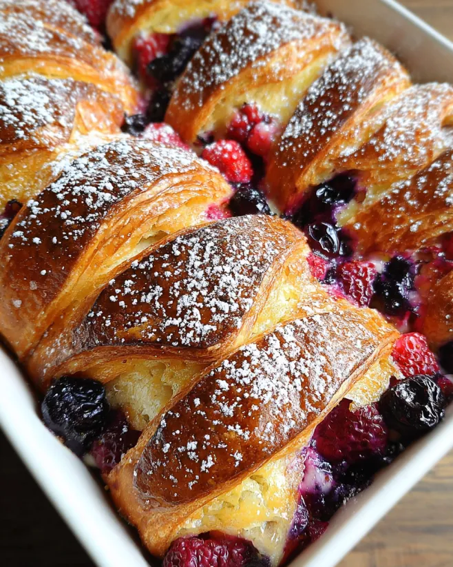 Ein gebackener Nachtisch mit Beeren und Croissant.