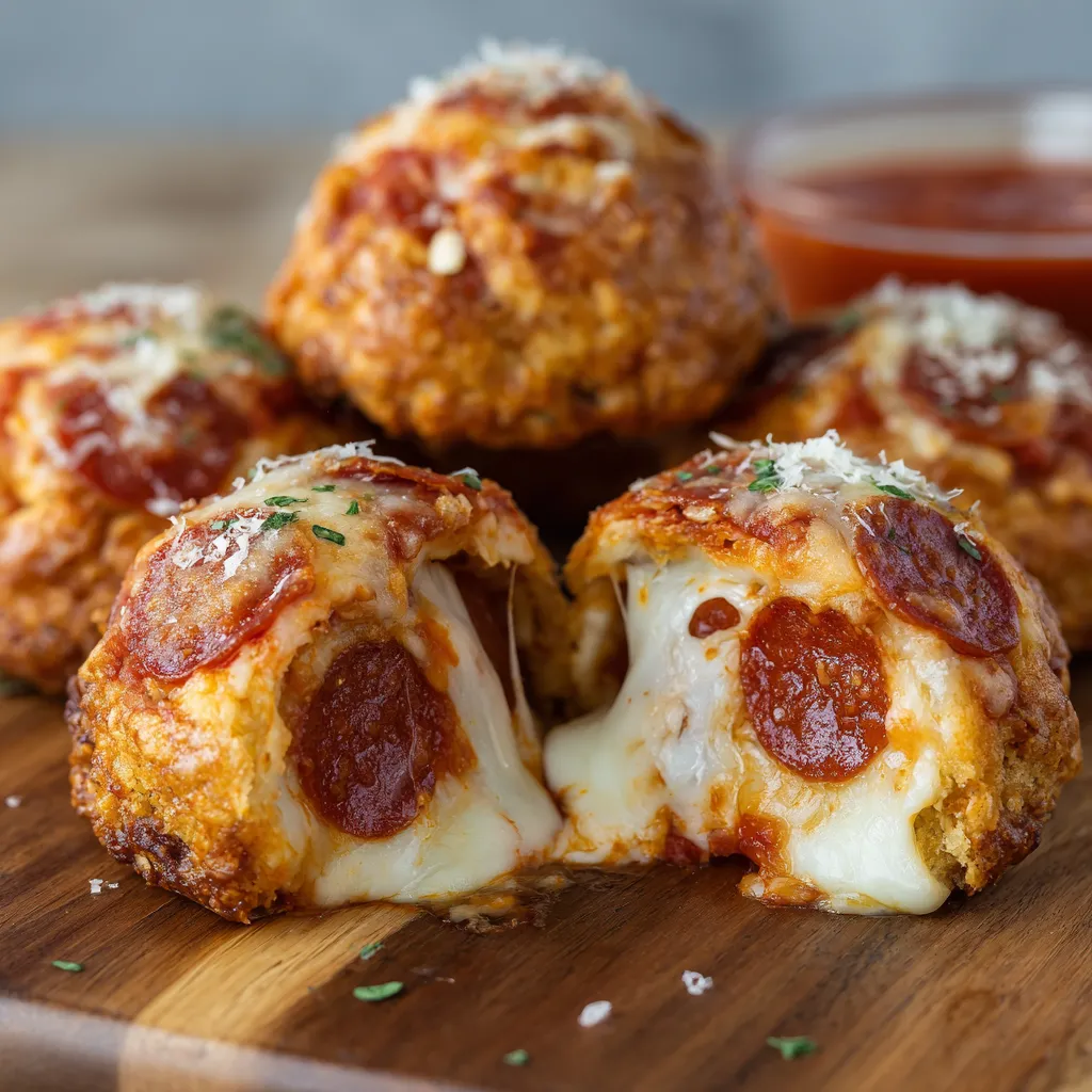 Ein paar Pepperoni Pizza Bombs auf einem Tisch.