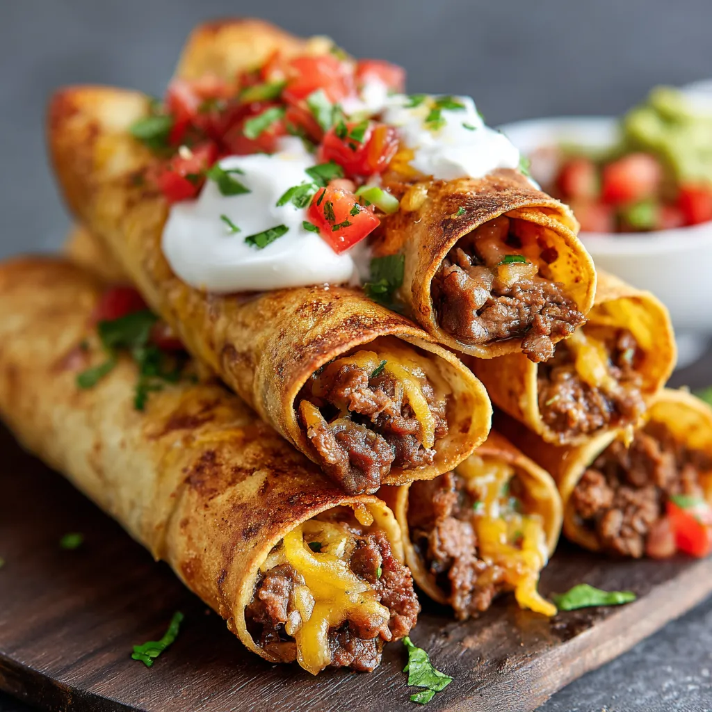 Beef Taquitos auf einem Block.
