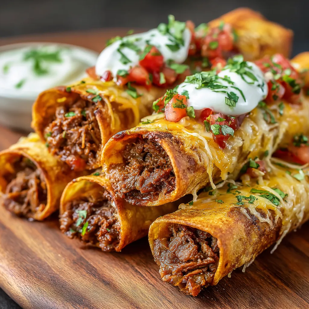 Ein Beef Taquito auf einem Holzblock.