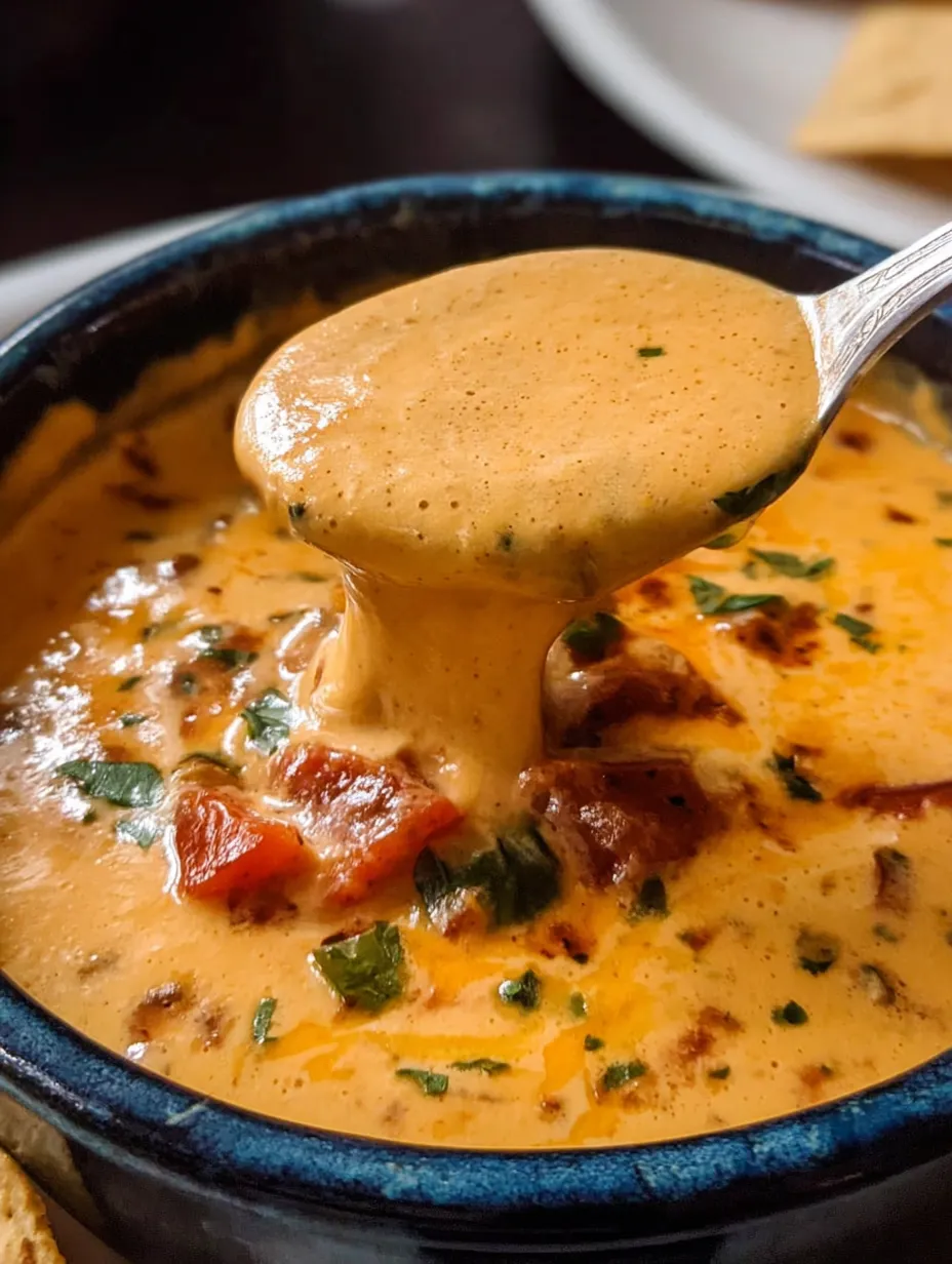 Ein Schalen mit Queso Dip, der eine Mischung aus Tomaten, Paprika, Zwiebeln und Knoblauch ist.