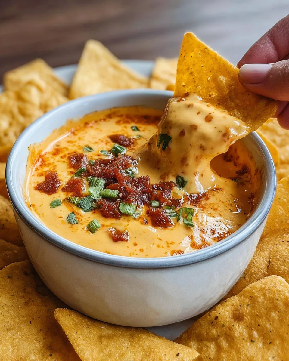 Ein weißer Teller mit einer Schüssel voller Queso Dip.