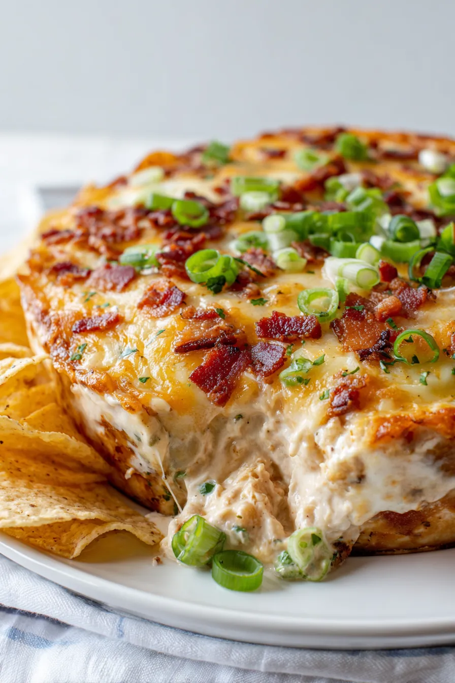 Ein Crack Chicken Dip auf einem Teller, der mit Tortillachips garniert ist.