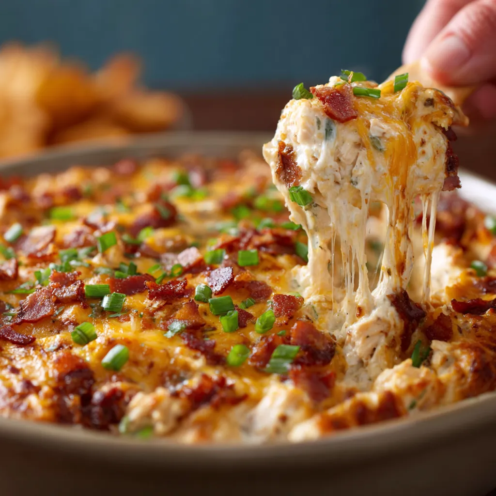 Ein Schmelztopf mit Crack Chicken Dip wird mit einer Gabel gegriffen.