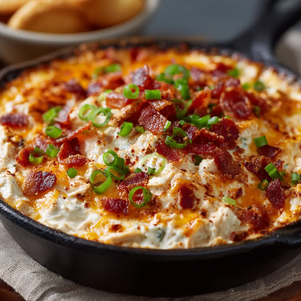 Ein Schalen mit Crack Chicken Dip, der mit Bacon, Mayonnaise und Zwiebeln zubereitet wurde.