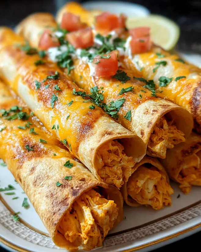 Ein Plate mit Chicken Taquitos, die mit Tomaten, Mayonnaise und Käse garniert sind.