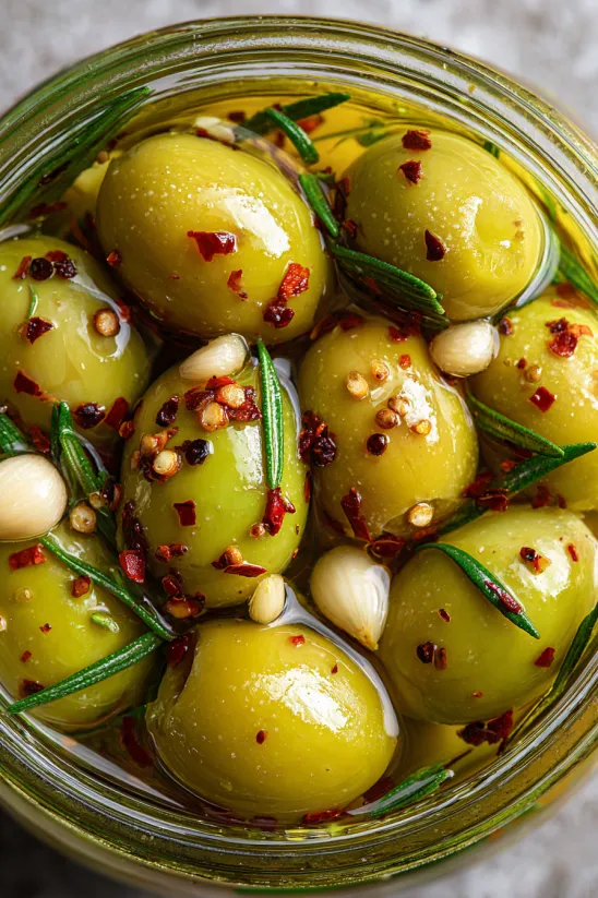 Ein Glas mit Feta-Stuffed Oliven, die in einer Sauce mit Paprika und Zwiebeln getaucht sind.