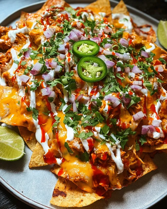 Ein Plate mit Buffalo Chicken Nachos, die mit grünen Zwiebeln und Jalapen garniert sind.