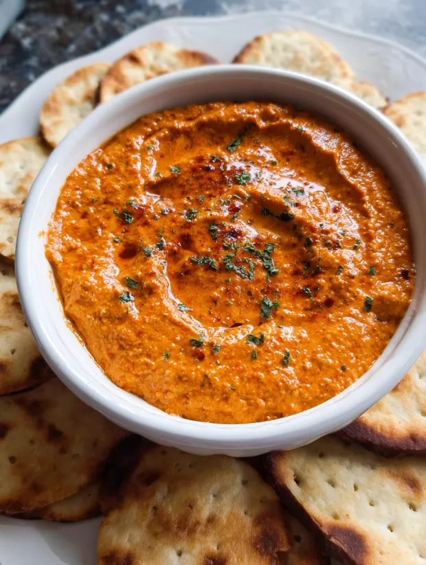 Ein weißer Becher mit einer roten Sauce, die als Roasted Red Pepper Dip bekannt ist.