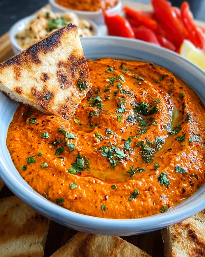 Ein Schälchen mit rostrotem Paprika-Dip, der auf einem Teller mit Toastbrot und Tomaten serviert wird.