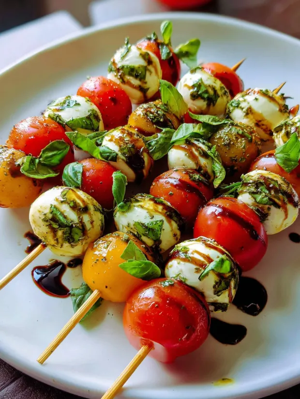 Caprese Skewers mit Tomaten, Mozzarella und Basilikum auf einem weißen Teller.