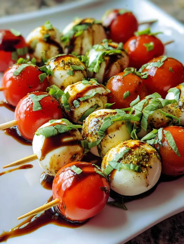 Caprese Skewers mit Tomaten und Basilikum.