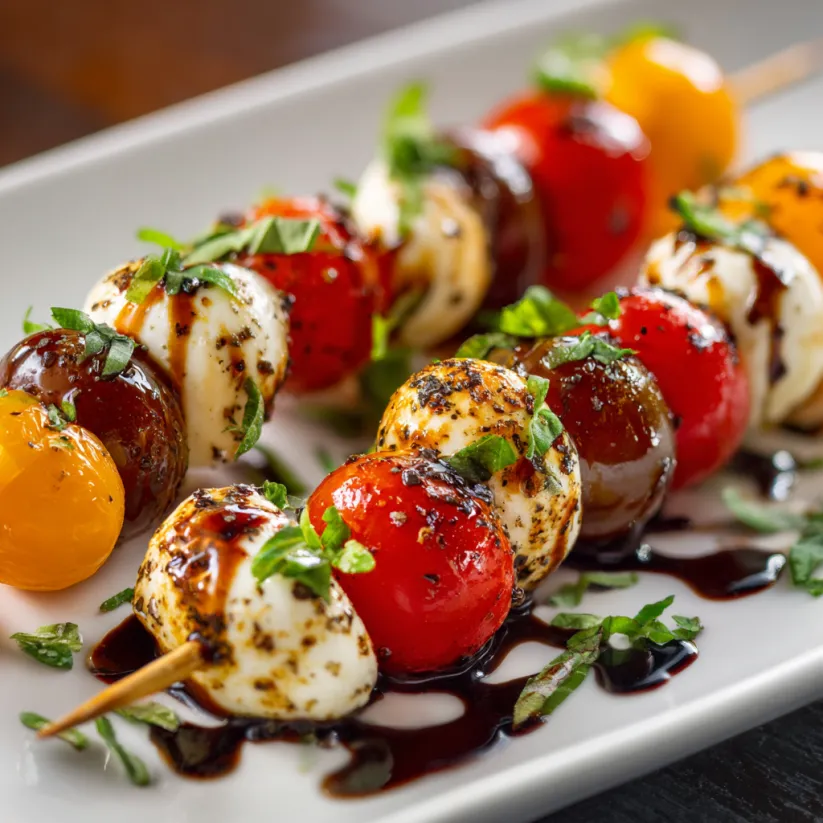 Caprese Skewers mit Tomaten, Basilikum und Mozzarella auf einem weißen Teller.