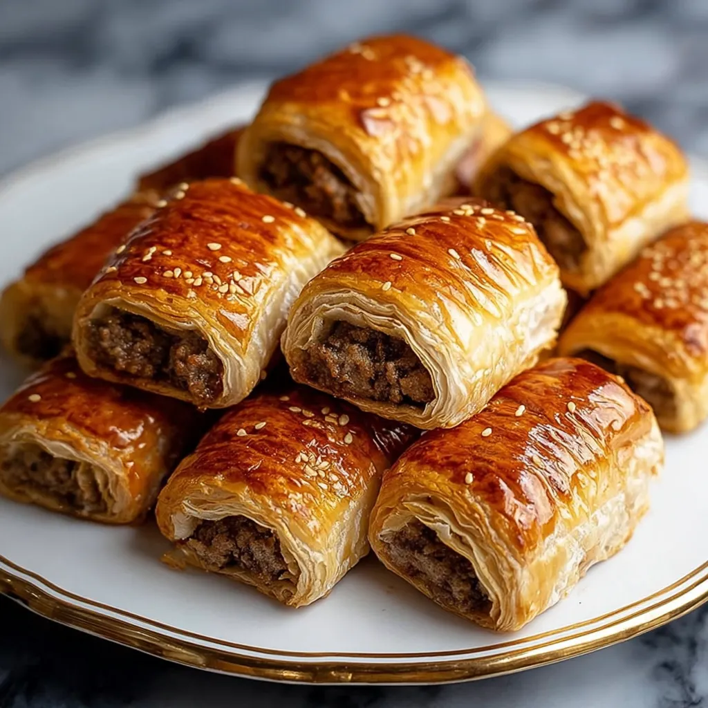 Eine Platte mit Sausage Rolls auf einem Tisch.