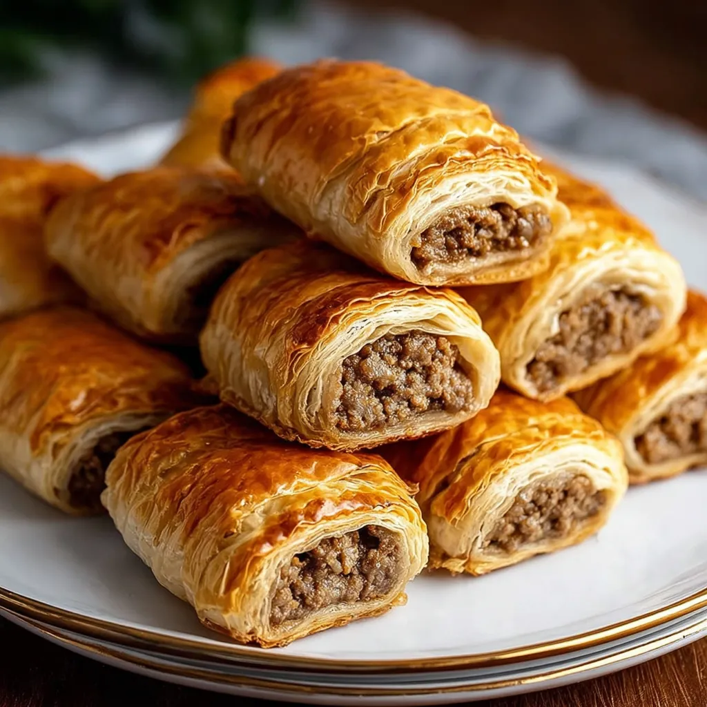Eine Platte mit Sausage Rolls auf einem Tisch.