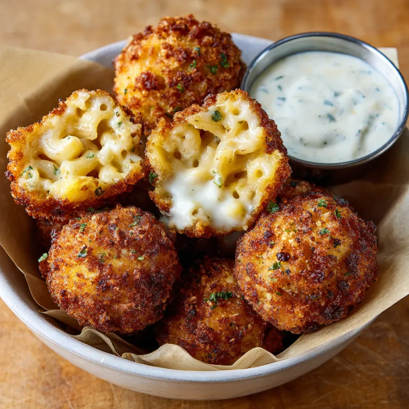 Eine Schale mit frittierten Mac and Cheese Bällchen.