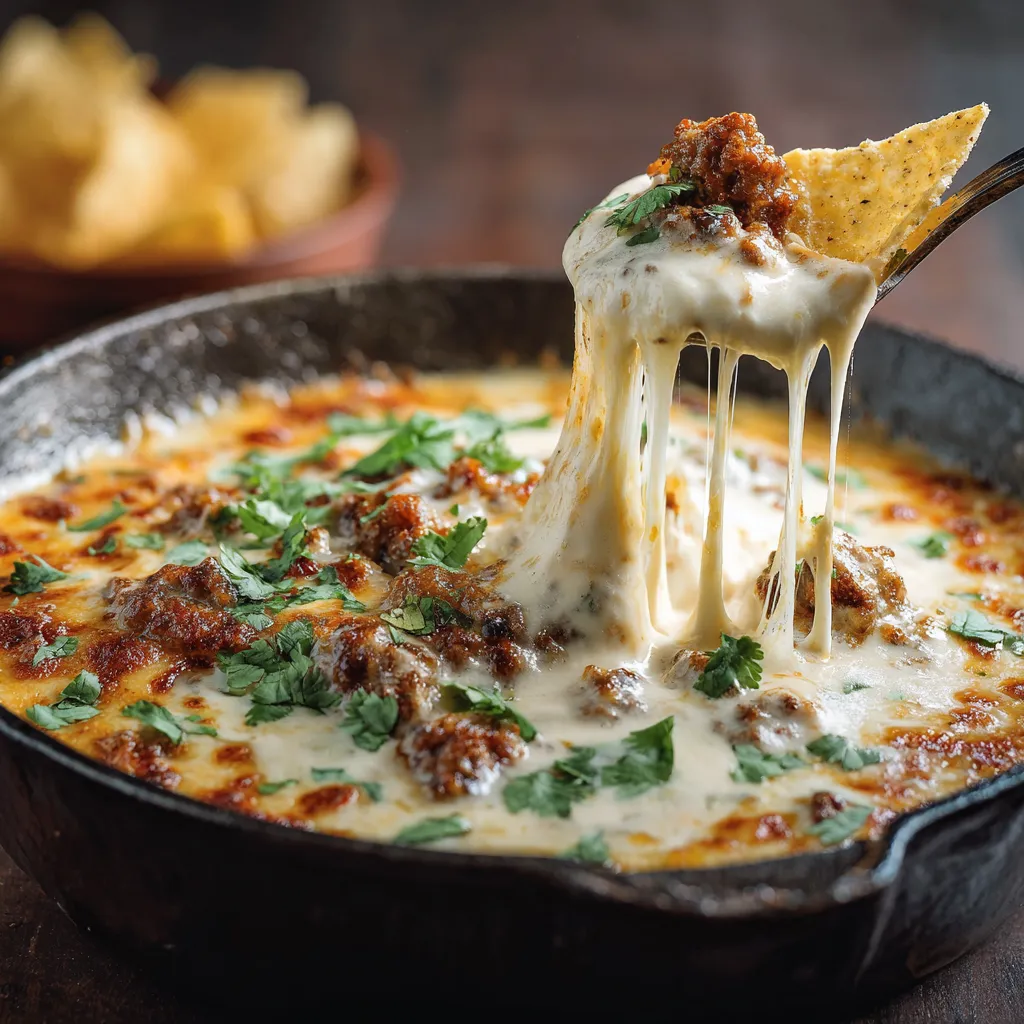 Eine Schüssel Queso Fundido mit Chorizo.