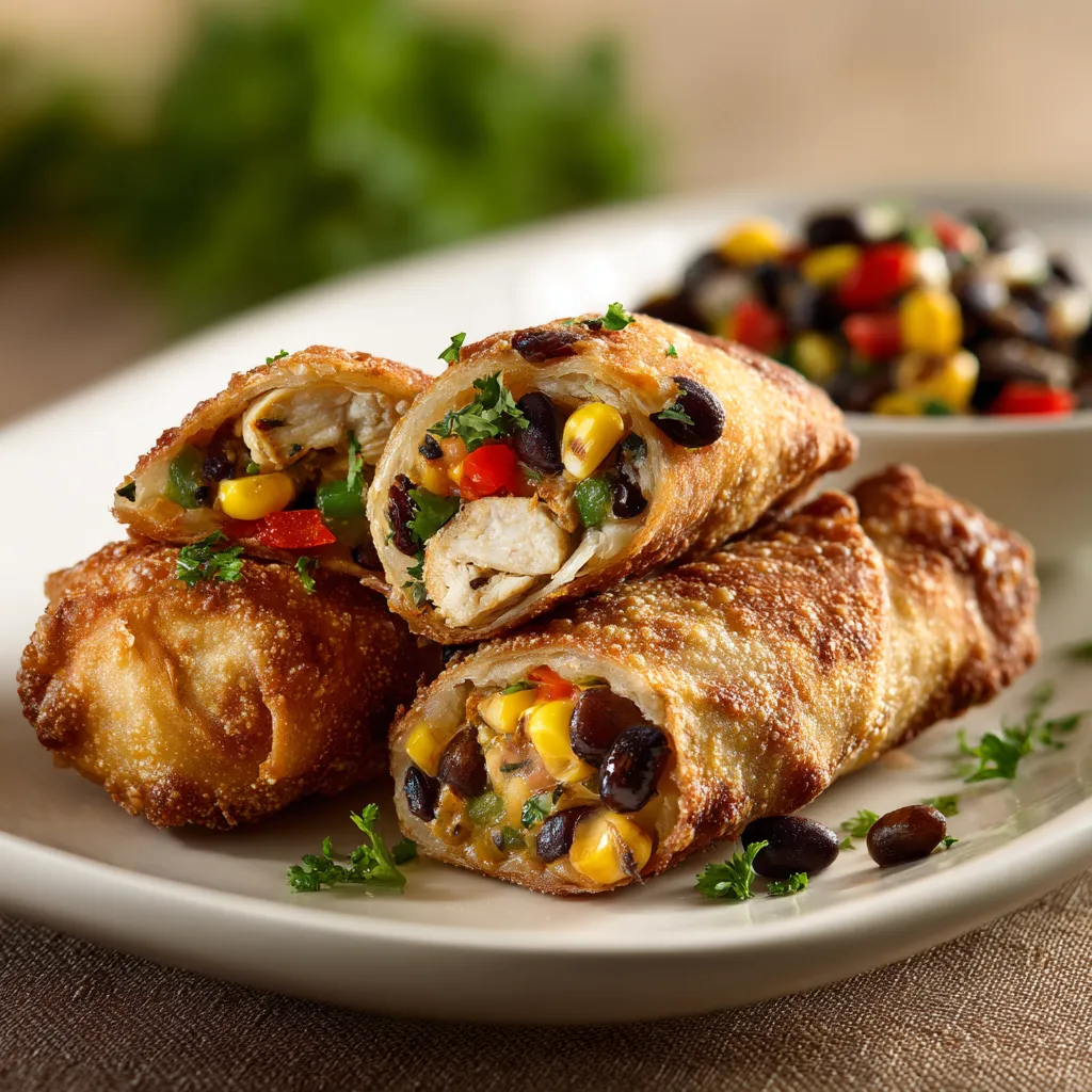 Drei Southwestern-Eggrolls auf einem Teller.