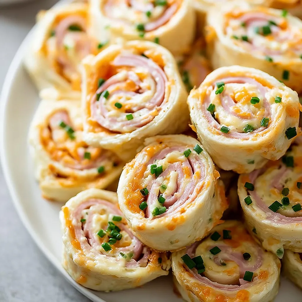 Ein Teller mit Schinken-Käse-Röllchen.