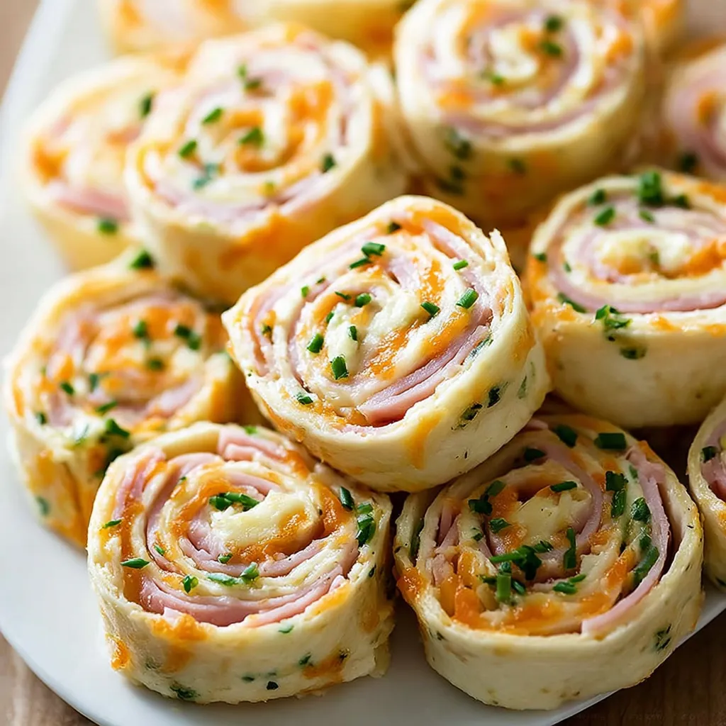 Ein Teller mit Schinken-Käse-Röllchen.