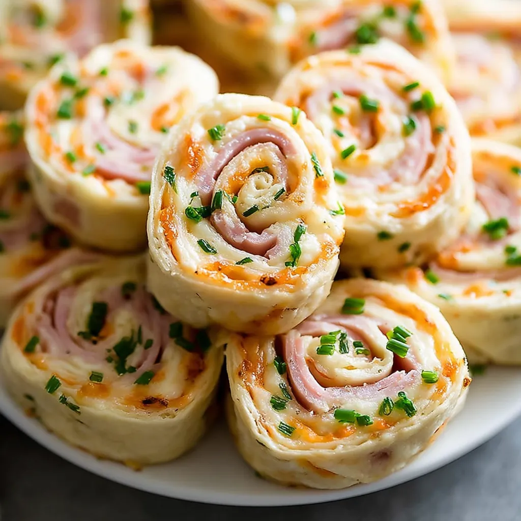 Ein Teller mit Schinken-Käse-Rollen.