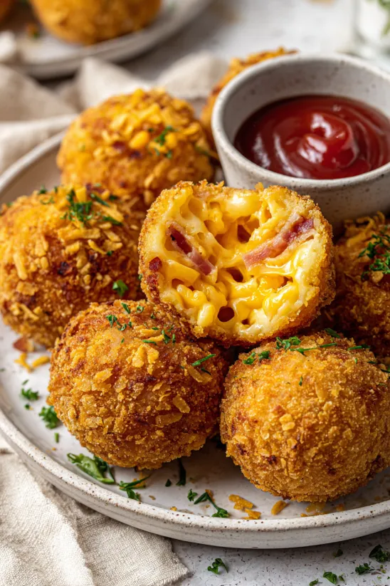 Ein Teller Arancini mit Käse und Speck.