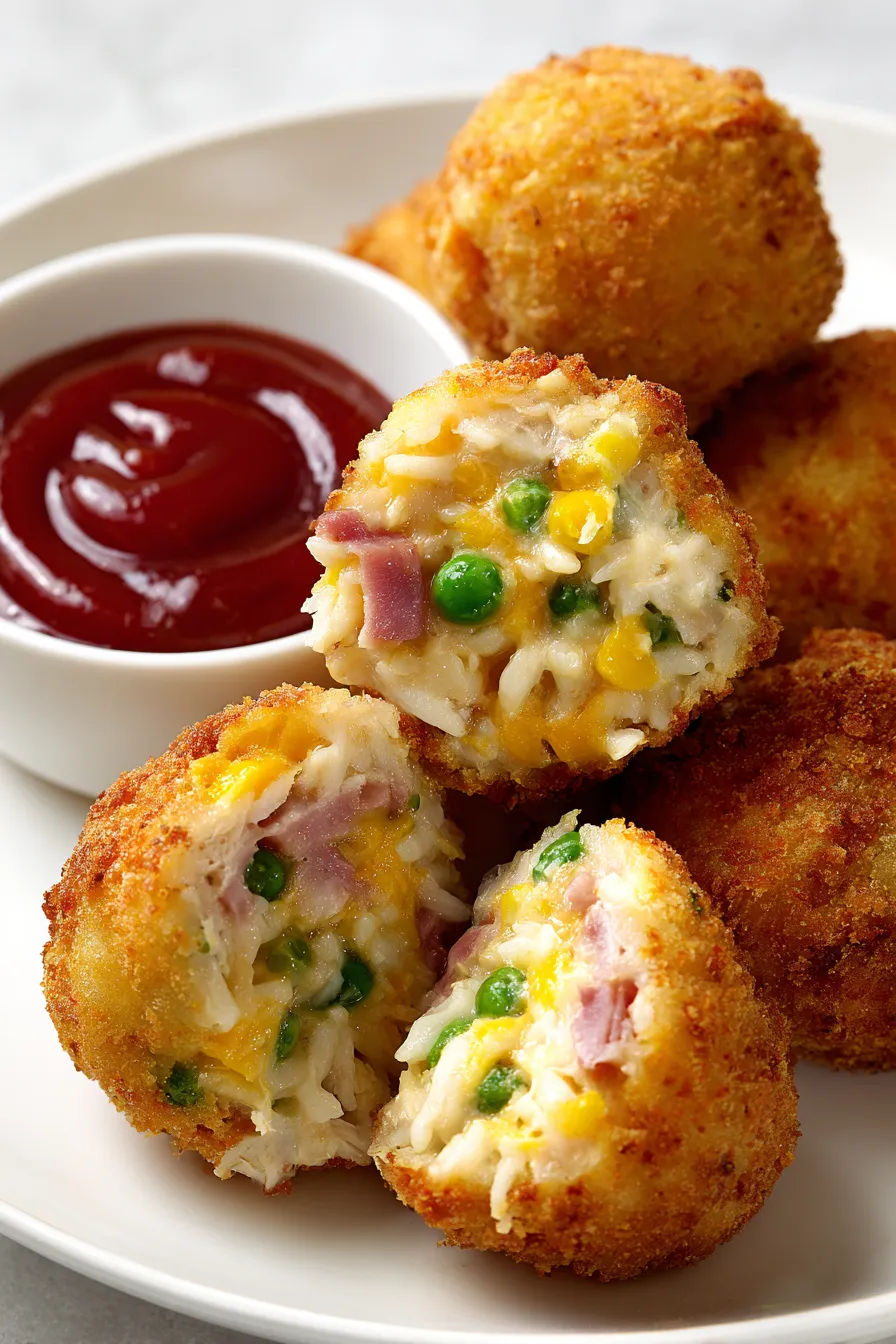 Eine Schüssel Arancini mit Ketchup.
