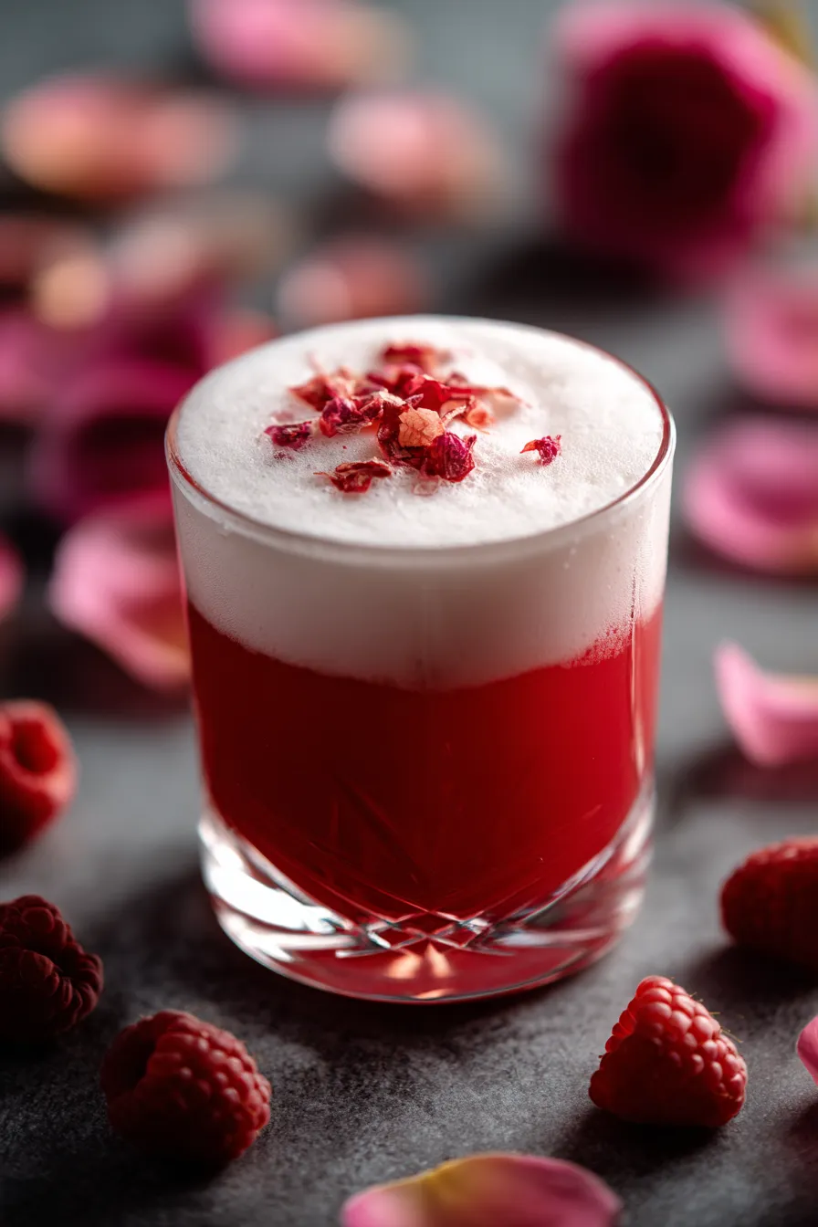 Ein Glas Love Potion #9 Cocktail mit einem Rosenblatt on top.