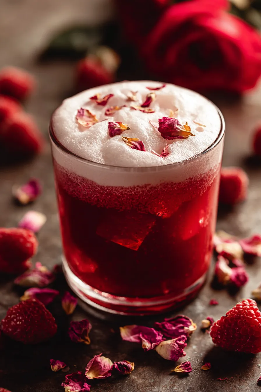 Ein Glas Love Potion #9 Drink mit Rosenblatt als Topping.