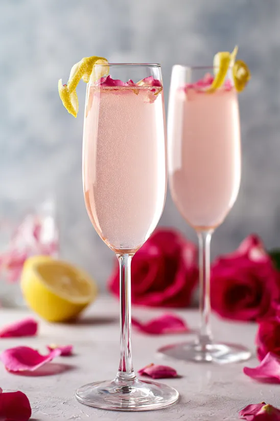 Zwei Gläser mit rosa Getränken, Zitronenscheiben und Rosenblättern.