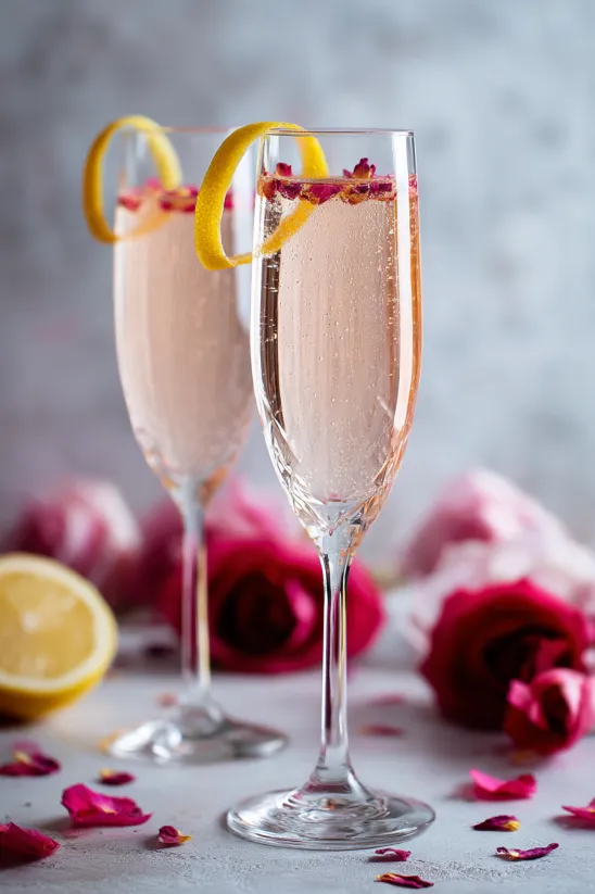 Zwei Gläser mit rosa Limonade, Zitronenscheiben und Rosenblättern.
