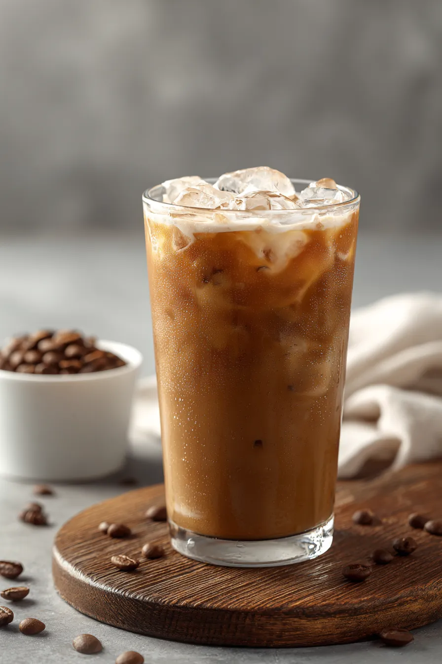 Ein Glas mit Iced Coffee, das aussehe wie ein Starbucks Iced Coffee Copycat Recipe.