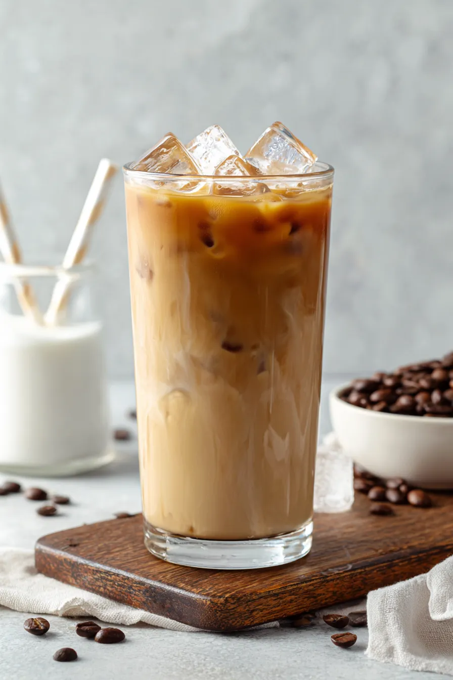 Ein Glas mit Iced Coffee auf einem Tisch.