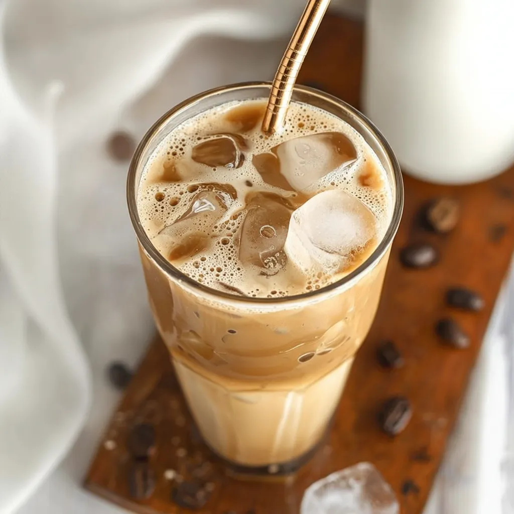 Ein Glas mit Eis und Kaffee auf einem Tisch.