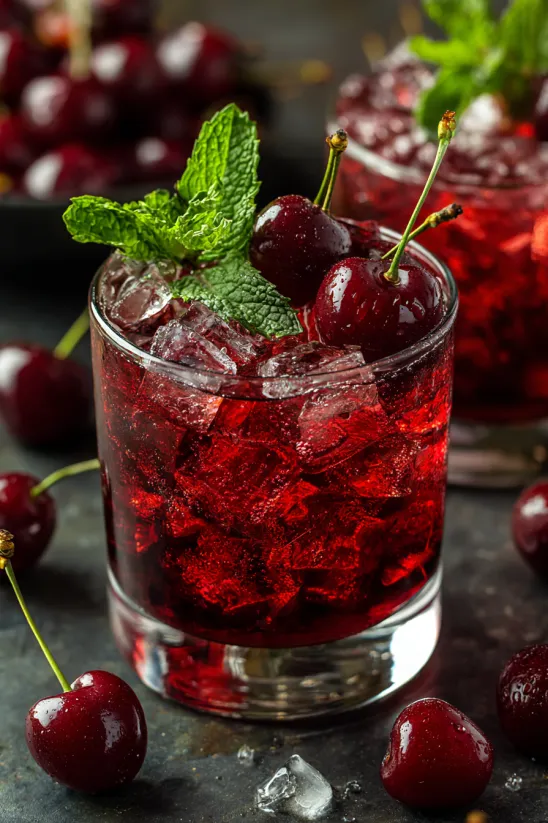 Ein Glas mit Cherry Vanilla Fizz.