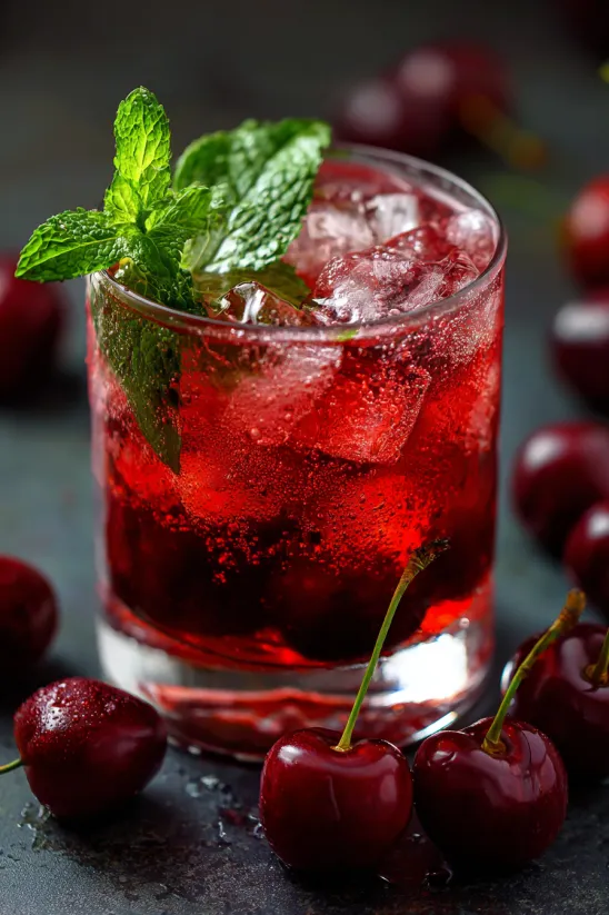 Ein Glas Cherry Vanilla Fizz mit Eis und einer Blatt von Mint darin.