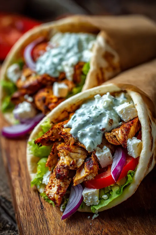 Ein Gyro mit griechischem Chicken und Tzatziki-Dressing.