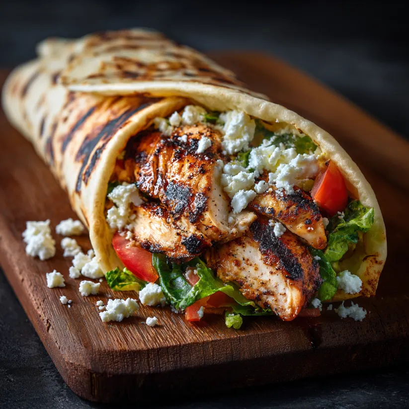 Ein Gyro mit griechischem Chicken, Tomaten, Zwiebeln und Feta-Käse auf einem Holzbrett.