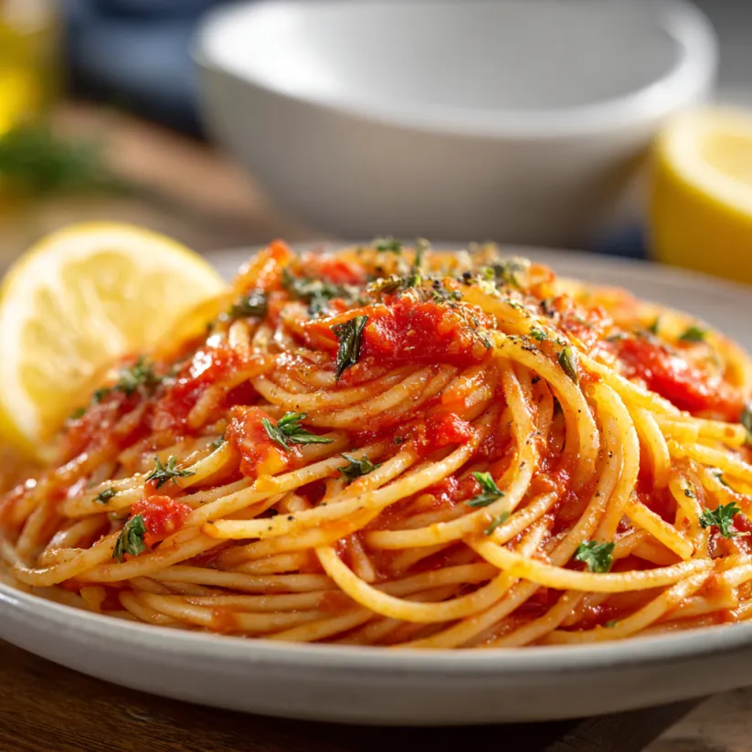 Ein Plate mit Spaghetti Arrabbiata, das mit Tomaten, Knoblauch und Zwiebeln zubereitet wurde.