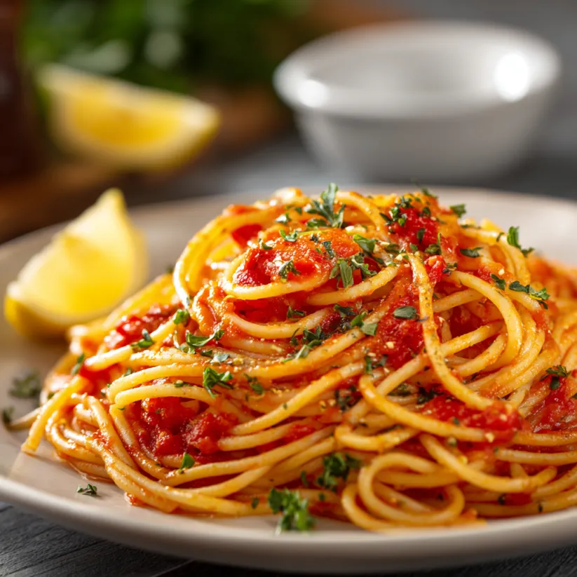 Ein Plate mit Spaghetti Arrabbiata, garniert mit Tomaten, Basilikum und Knoblauch.