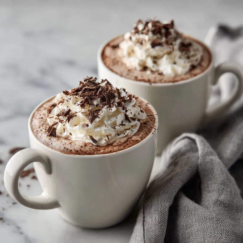 Zwei miteinander verbundene italienische Hot Chocolate mit Schaumkäse auf einem Tisch.