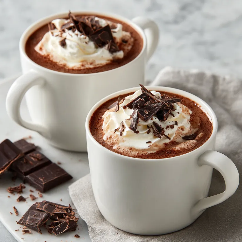Zwei miteinander verbundene italienische Hot Chocolate in weißen Tassen mit Schokoladenschaumkratzern darüber.