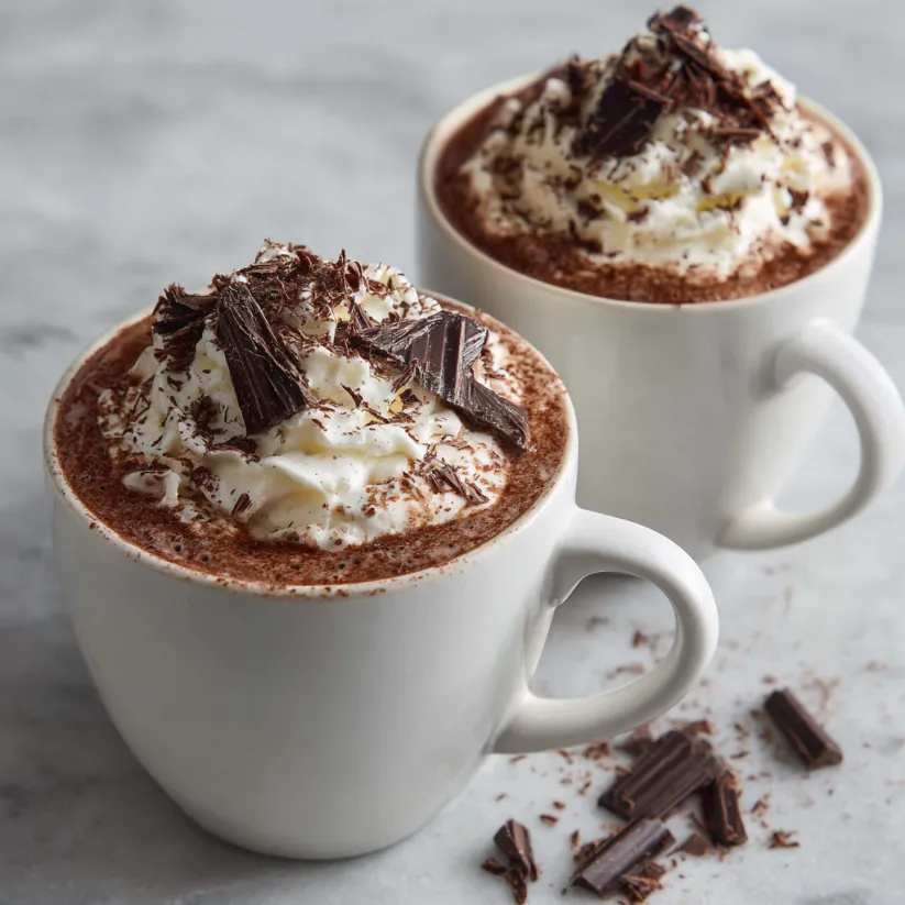 Zwei miteinander verbundene italienische Hot Chocolate mit Schokoladenschaumkratzern auf einem Tisch.