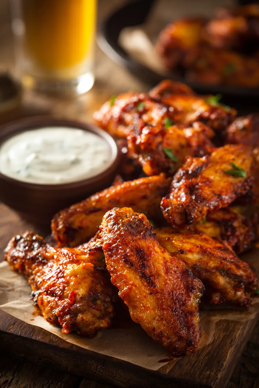 Ein Teller mit Buffalo Chicken Wings und einem Dip aus Ranch-Dressing.