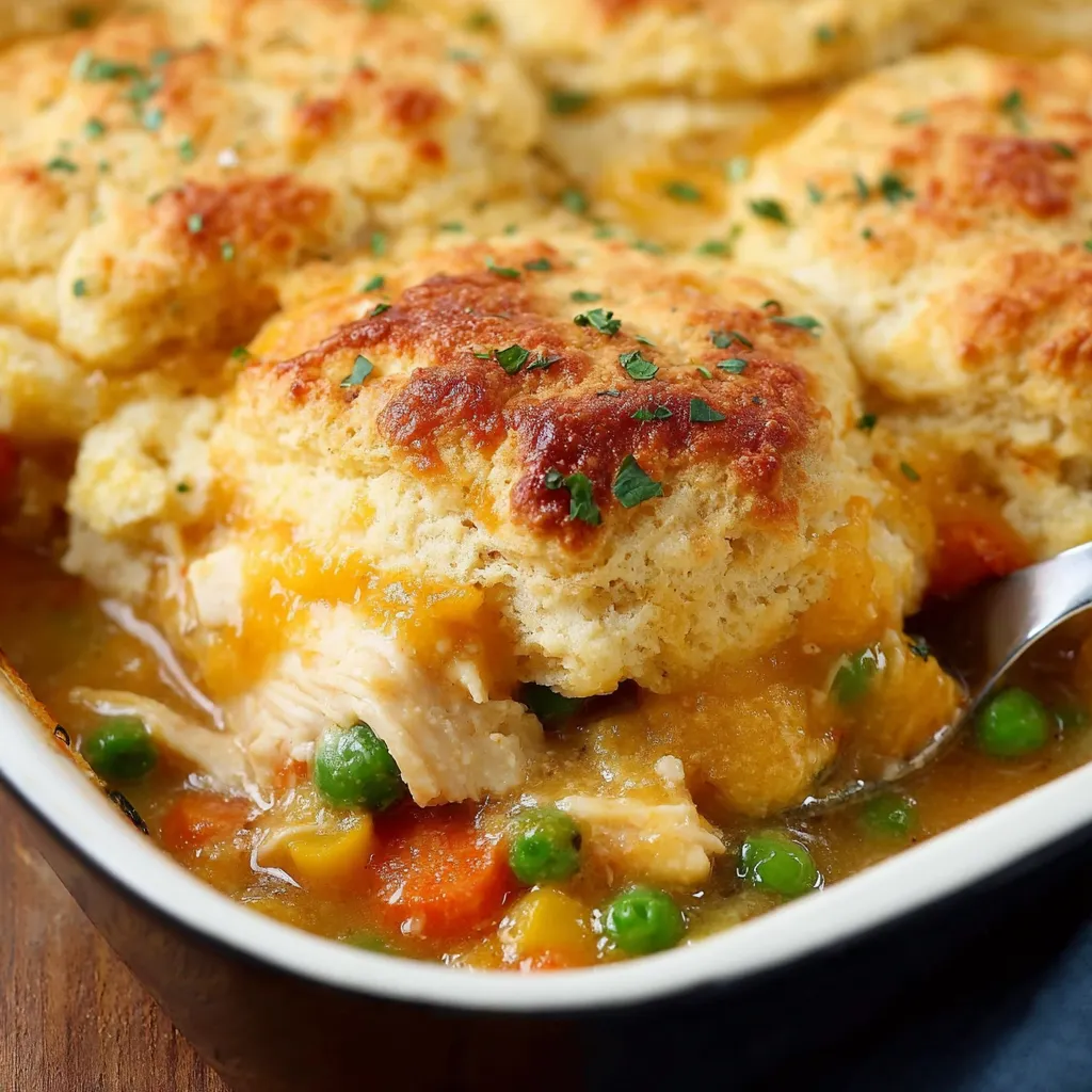 Schale mit Chicken Cobbler, Biskuit und Erbsen.