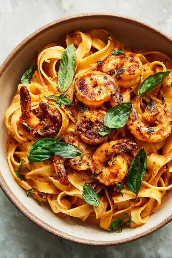 Eine Schüssel Garnelen-Pasta mit grünen Blättern darauf.