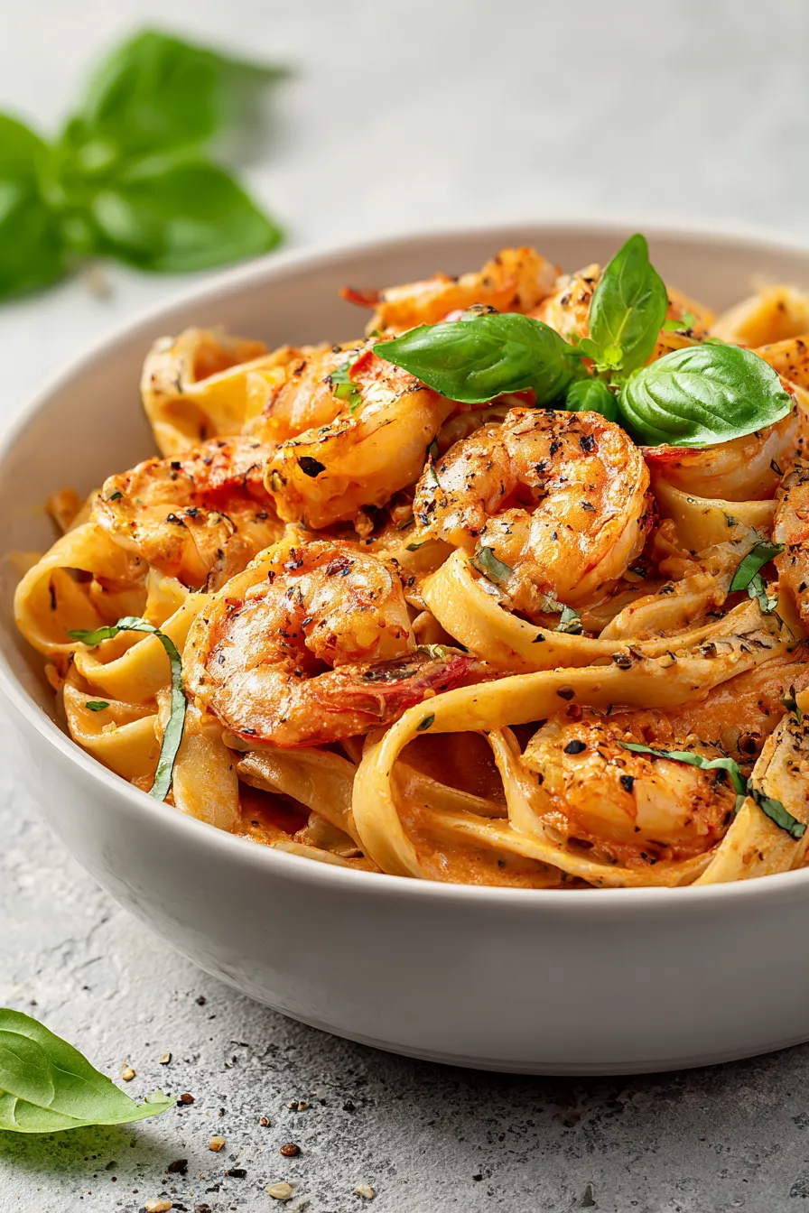 Eine Schüssel mit Garnelen und Pasta.