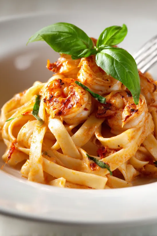Ein Teller mit Garnelenpasta und einer Gabel obendrauf.