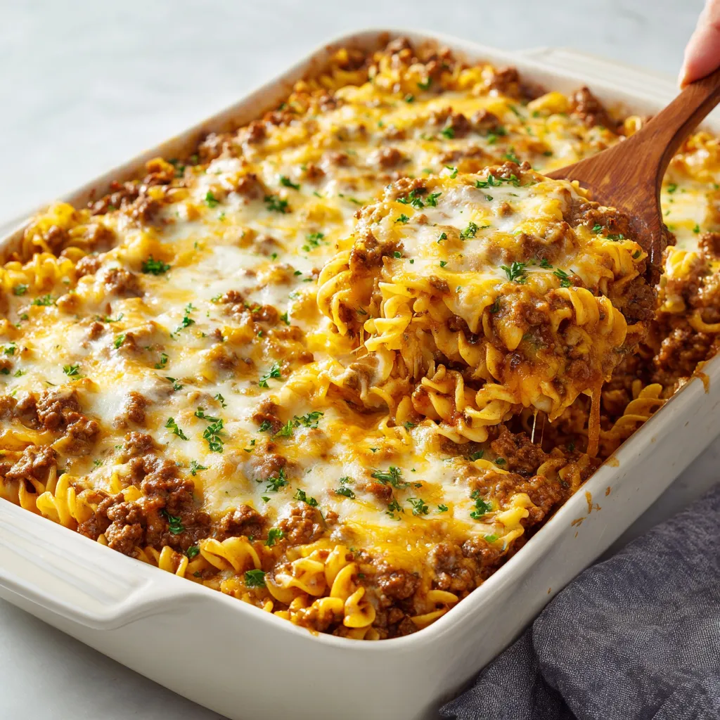 Jemand serviert einen Taco-Hashbrown-Auflauf.
