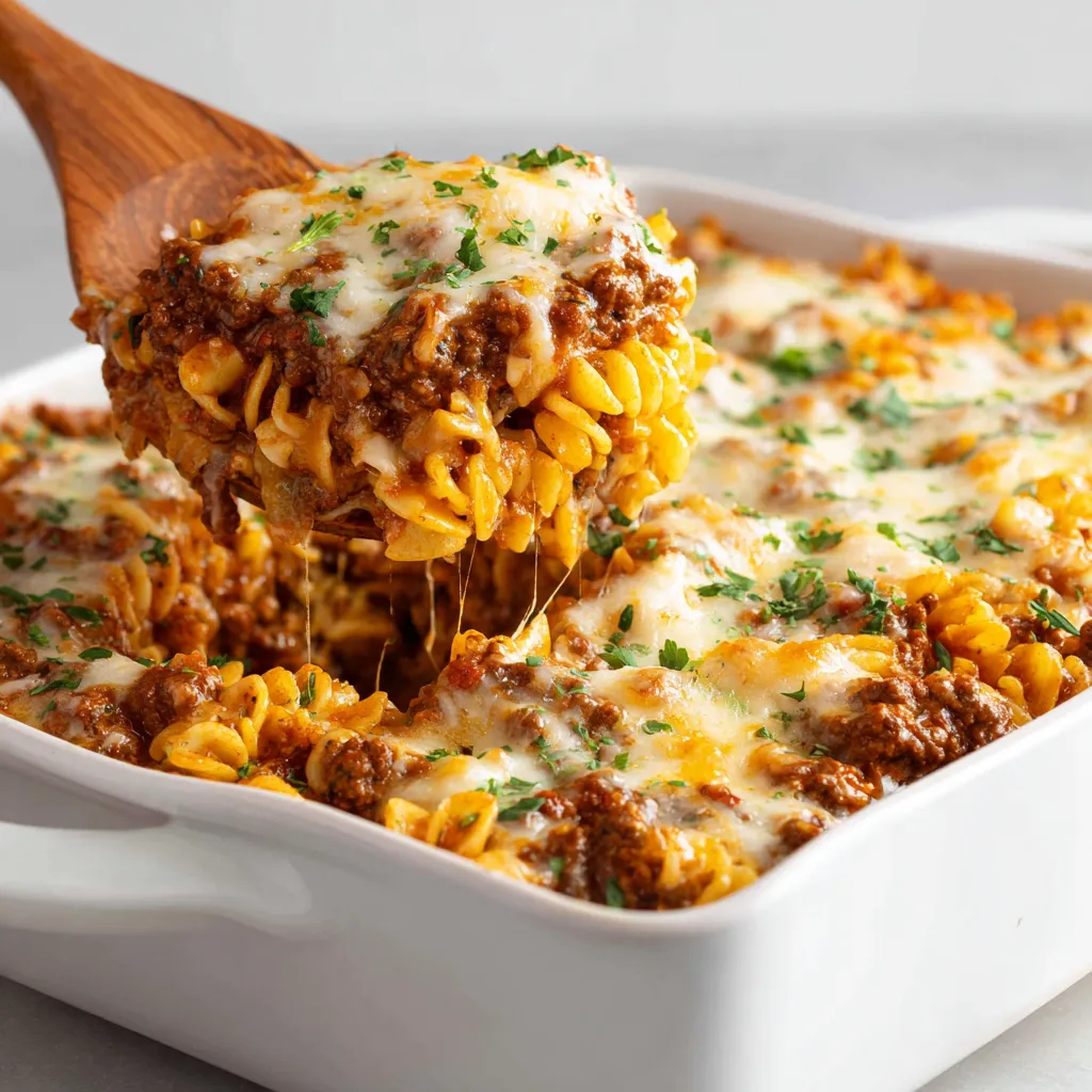 Mit einem Holzlöffel wird ein Taco-Hashbrown-Auflauf ausgehoben.